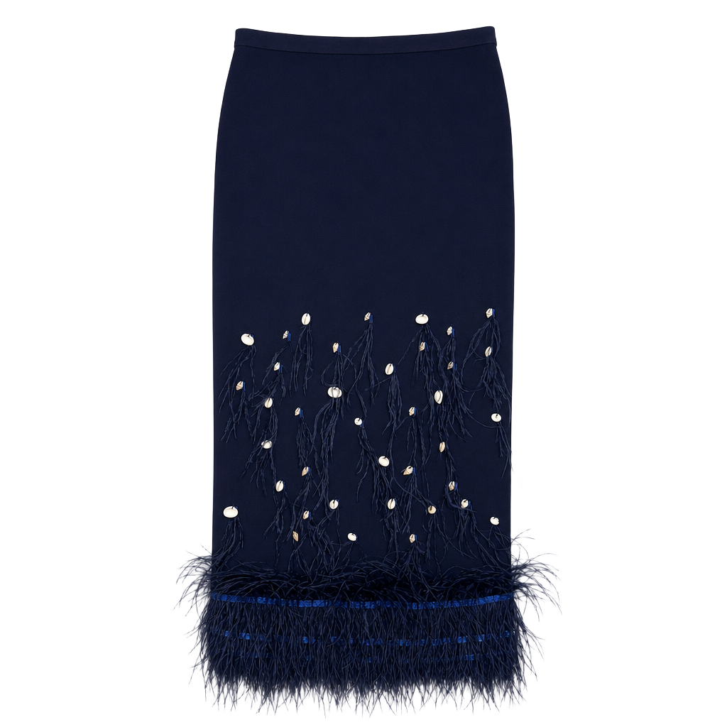 STAUD Makayla Shell and Ostrich Feather Embellished Ribbed-Knit Midi Skirt in Navy 1