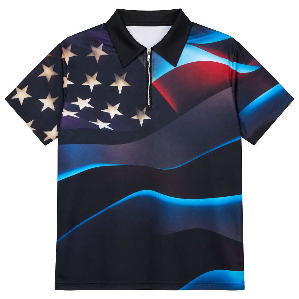 Unbranded USA American Flag Zip Polo Shirt Size L Blue Black Golf Tee 1