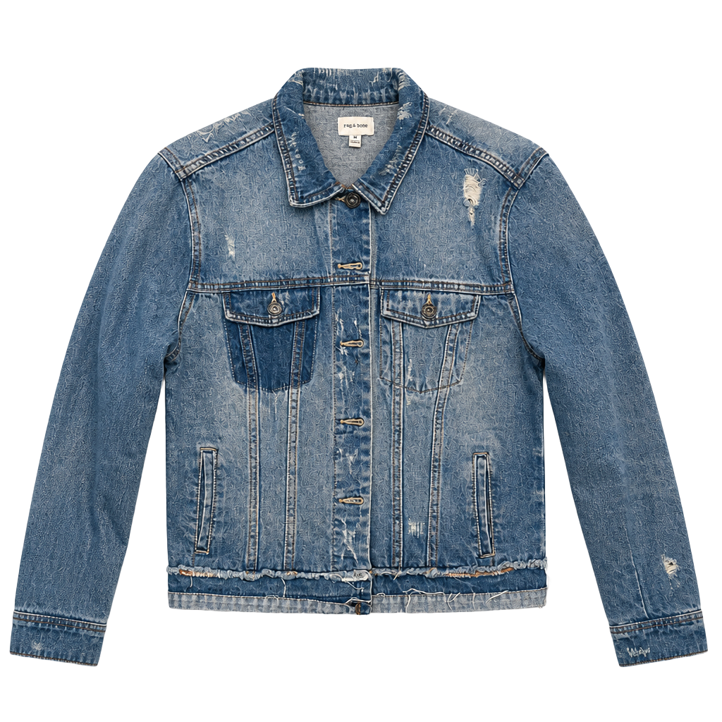 Sneak Peek Distressed Medium Wash Denim Trucker Jacket 1