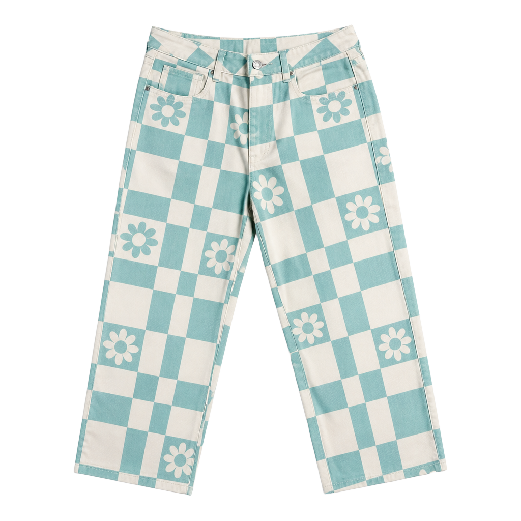 PacSun Y2K Checkered Daisy Print Carpenter Denim Pants 1