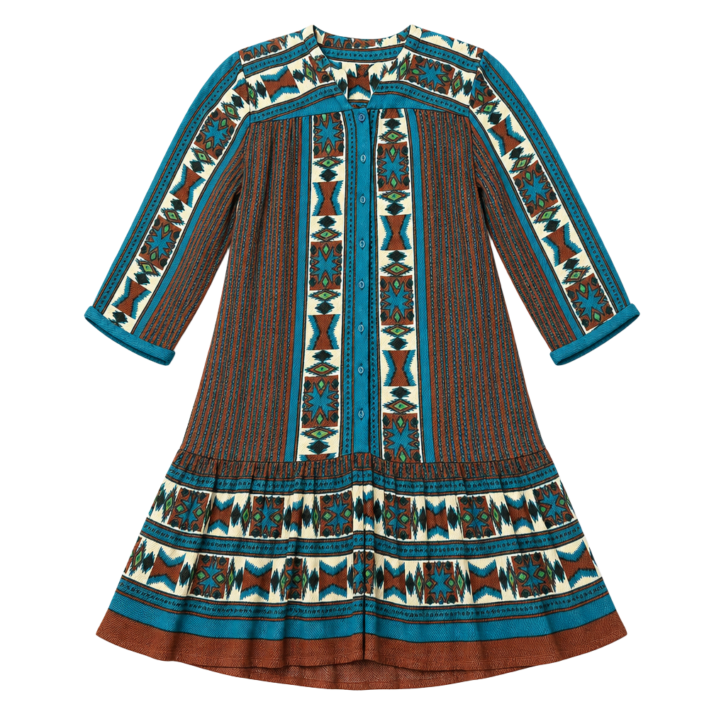Free People Bow and Arrow Henley Mini Dress in Turquoise/Brown Print 1