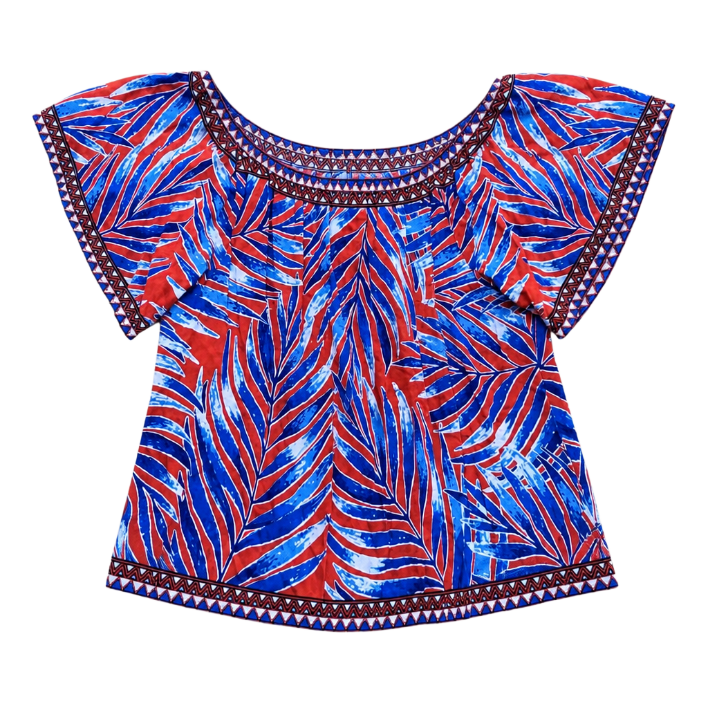Flying Tomato Tropical Palm Print Off-the-Shoulder Peasant Top (E) 1