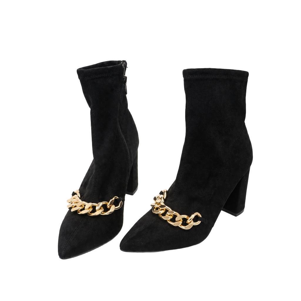 Delicious Black Ankle Boots Size 8.5 Gold Chain Heeled Pointed Toe Shoes 1