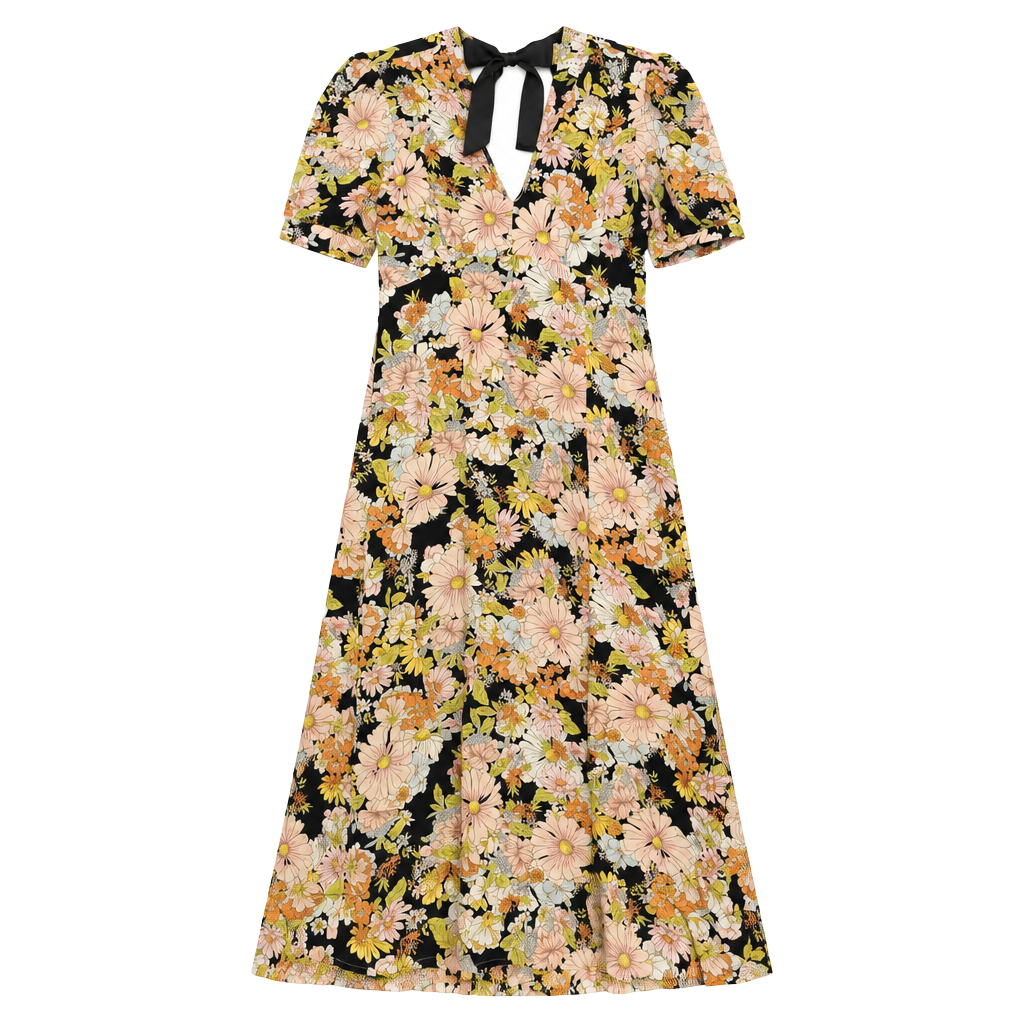 Topshop 70s Floral Midi Dress Size US 6 Black Tie Back 1