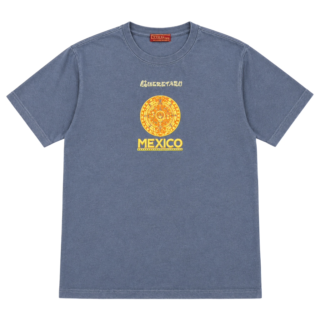Viura Queretaro Mexico T-Shirt Size L Blue Aztec Calendar Graphic 1