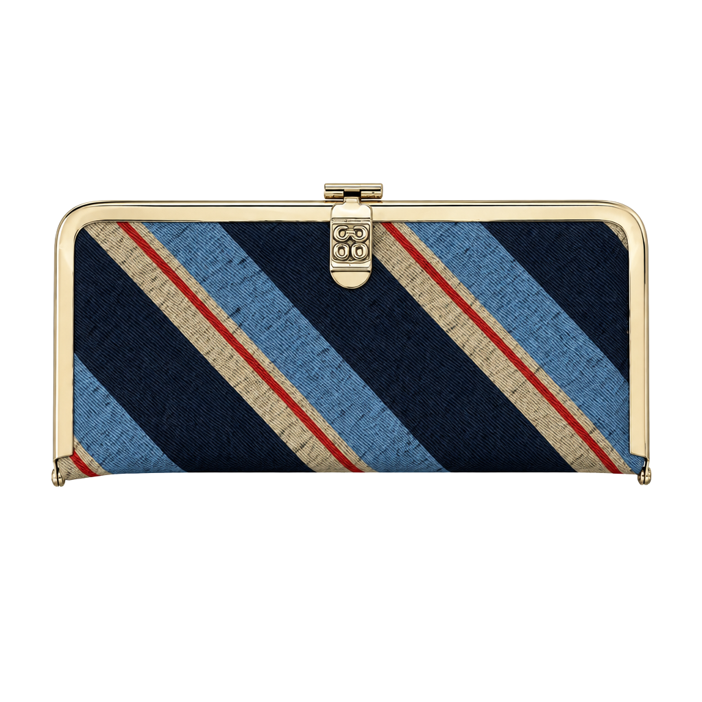 Vintage Striped Silk Kisslock Clutch Wallet Blue Red Silver Tone Frame 1
