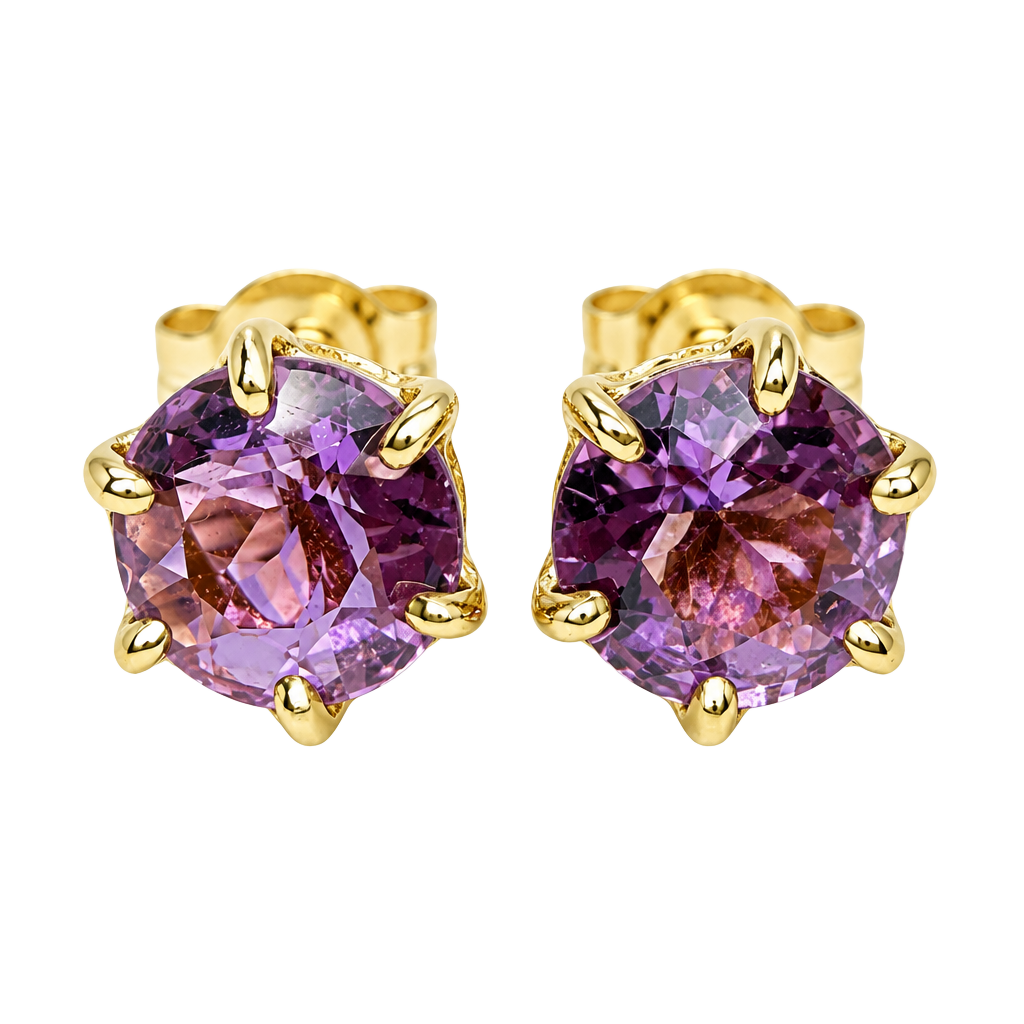14K Solid Yellow Gold Amethyst Round Prong Stud Earrings Purple February 1