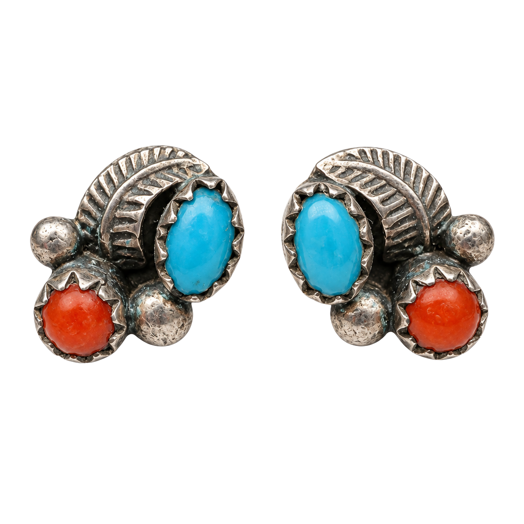 Navajo Sterling Silver Turquoise Coral Leaf Stud Earrings 1