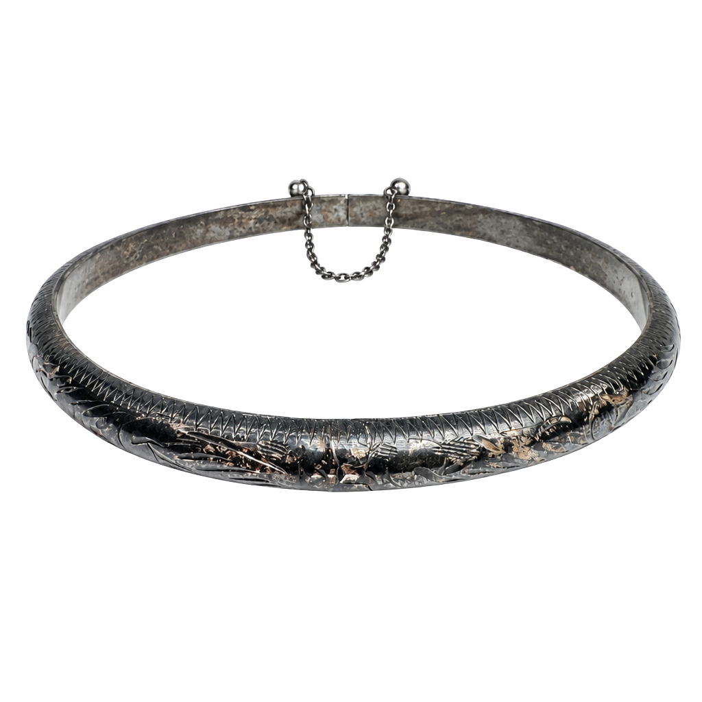 Vintage Sterling Silver 925 Etched flower Hinged Bangle Bracelet w Safety Chain 1
