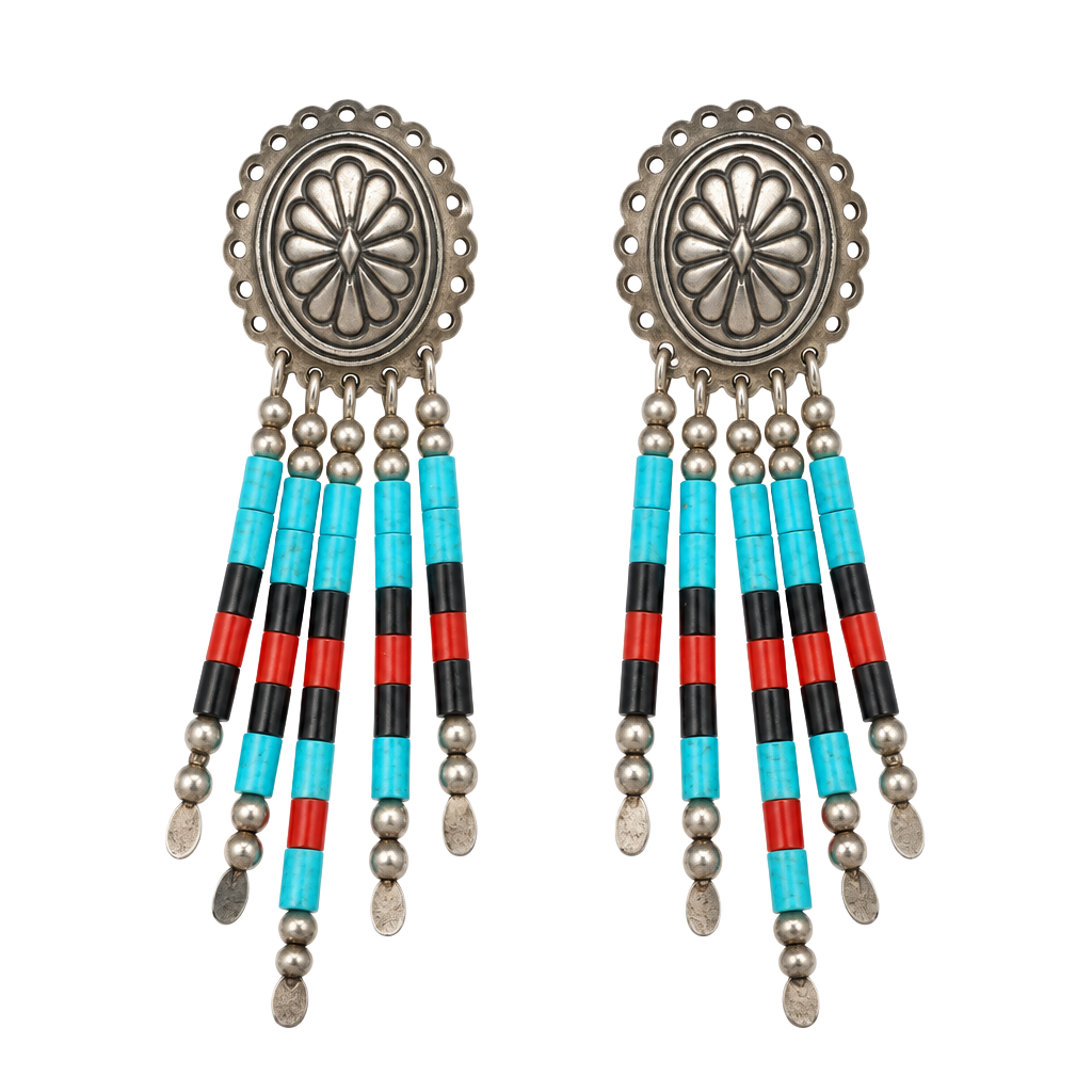 QT Vintage Southwestern Sterling Concho Multi Stone Dangle Earrings 1