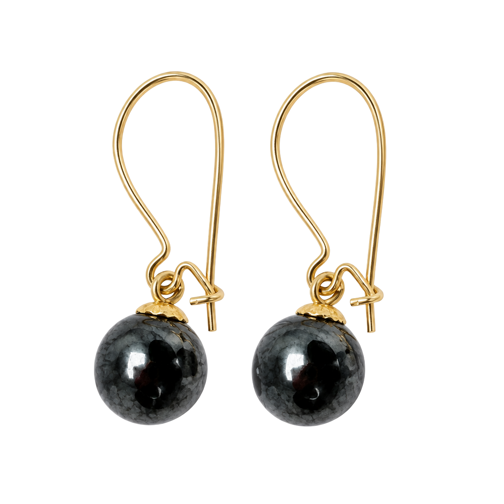 14K Gold Hematite Bead Dangle Earrings 6mm 1