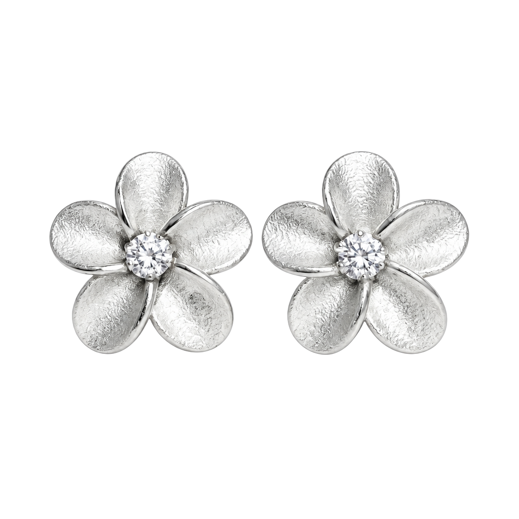 2W 925 Sterling Silver Plumeria Flower CZ Stud Earrings 1