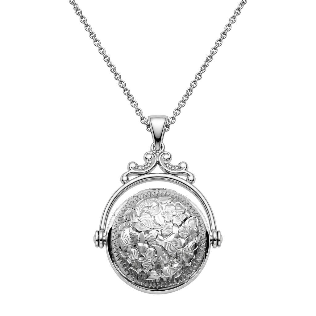 Vintage Victorian Sterling Silver Revolving Locket Necklace Silver Etched 1