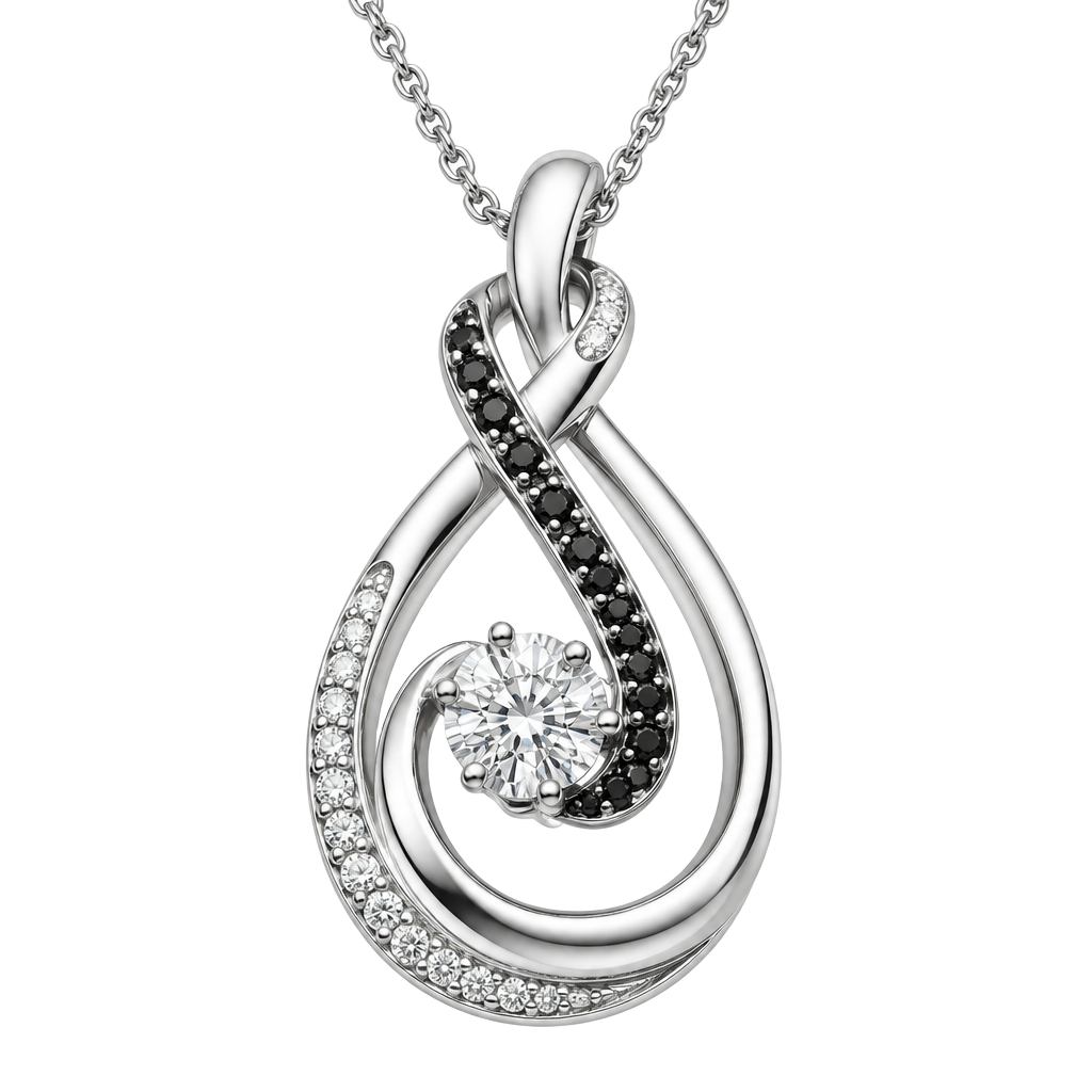 Sterling Silver White And Black Diamond Swirl Pendant Necklace 1
