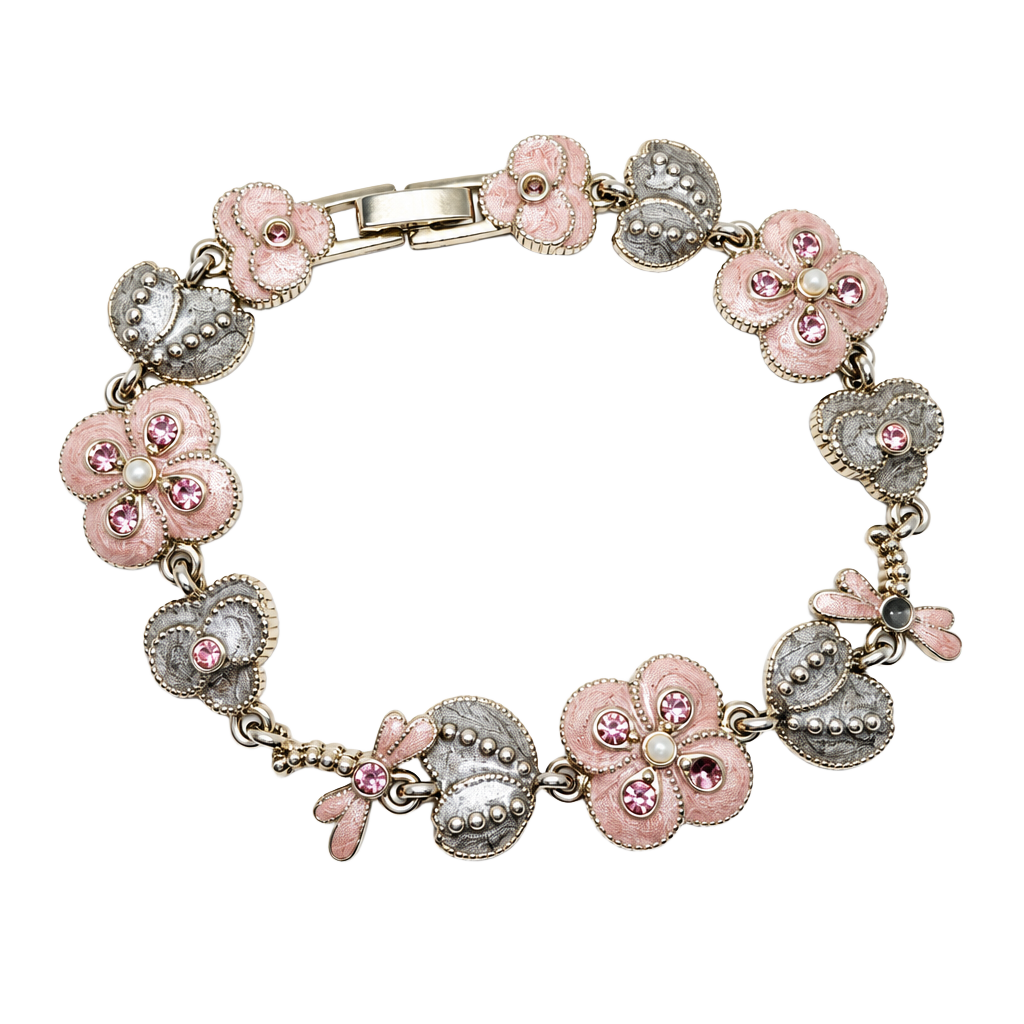 Monet Flower Butterfly Charm Bracelet Pink Enamel Rhinestone Silver Tone 1