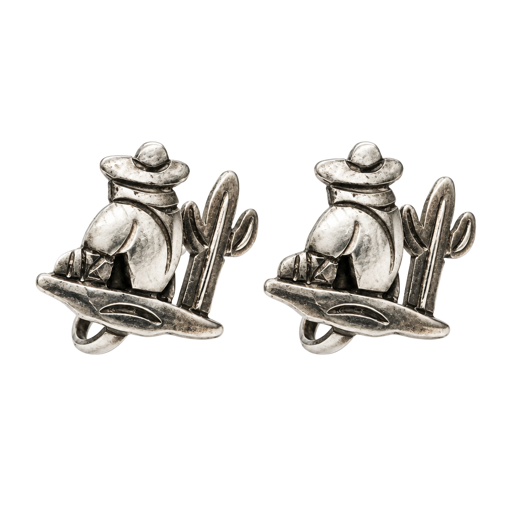 Taxco Sterling Silver Sleeping Mexican Man Sombrero Cactus Earrings 1