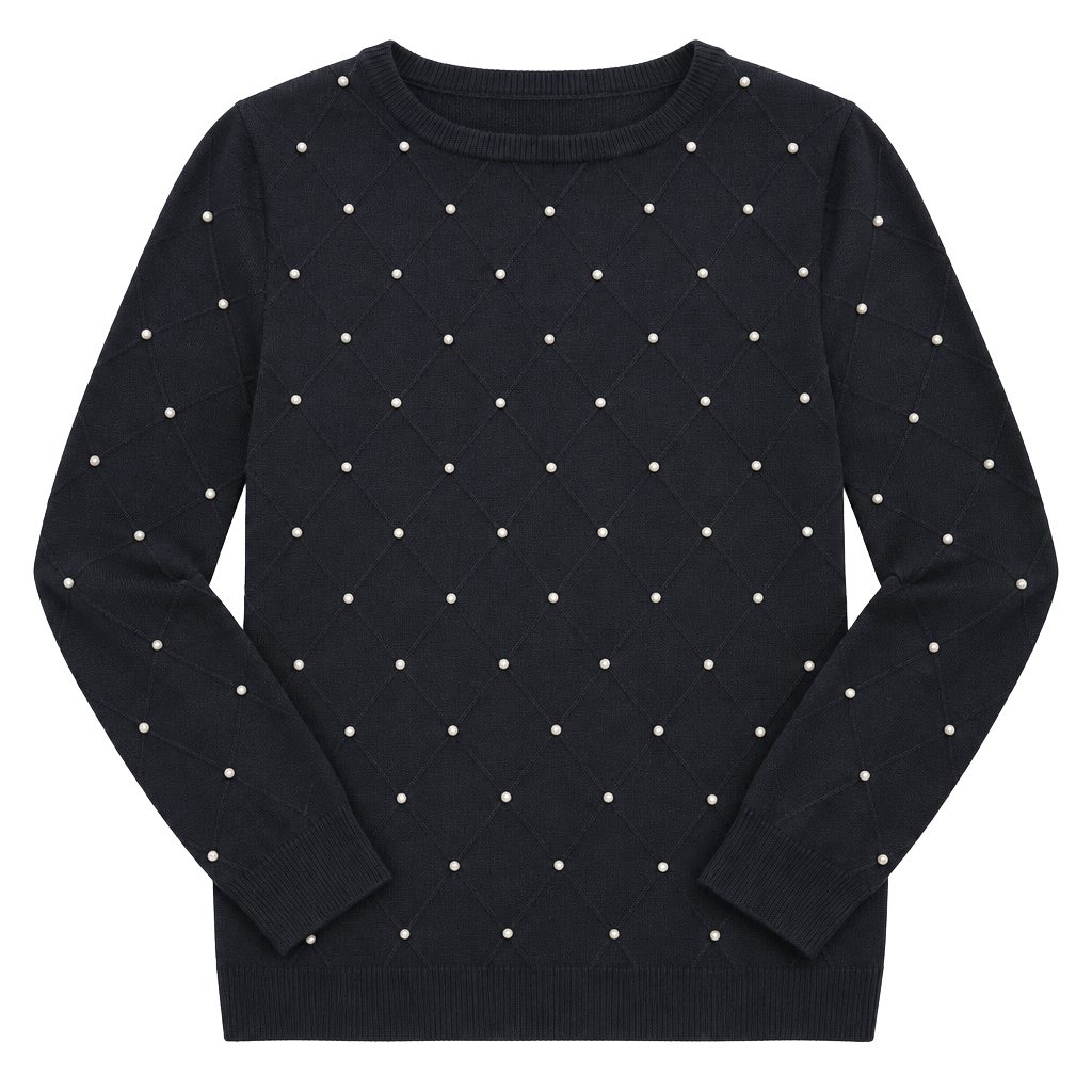 Elle Sweater Size L Black Faux Pearl Embellished Crewneck 1