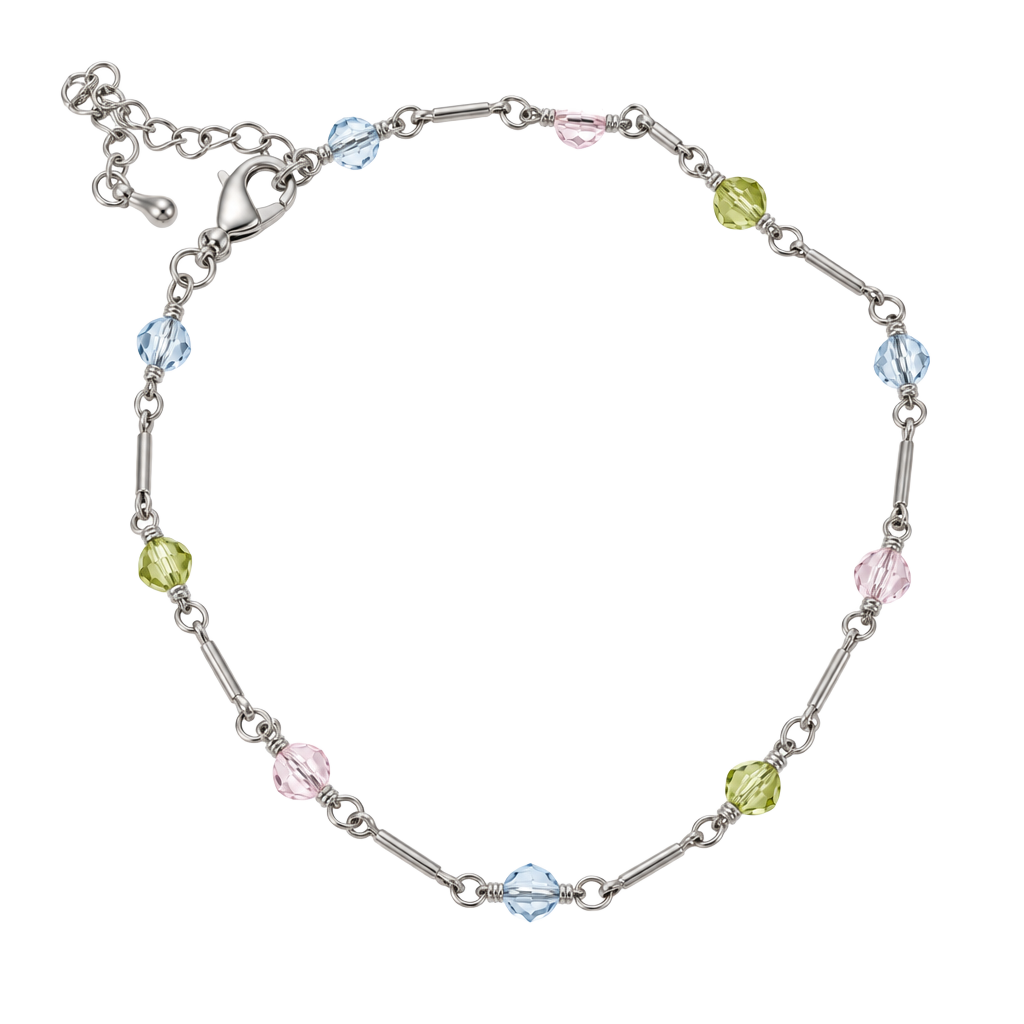Unbranded Beaded Anklet Pastel Crystal Silver Tone Chain 1