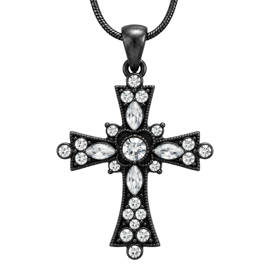 Ornate Rhinestone Cross Pendant Necklace black 1