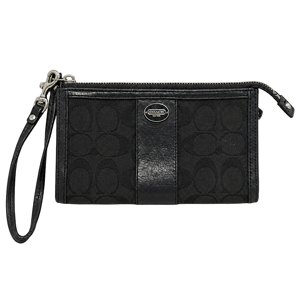 Coach Signature Monogram Canvas and Leather Wristlet Wallet Front Logo Plate 1