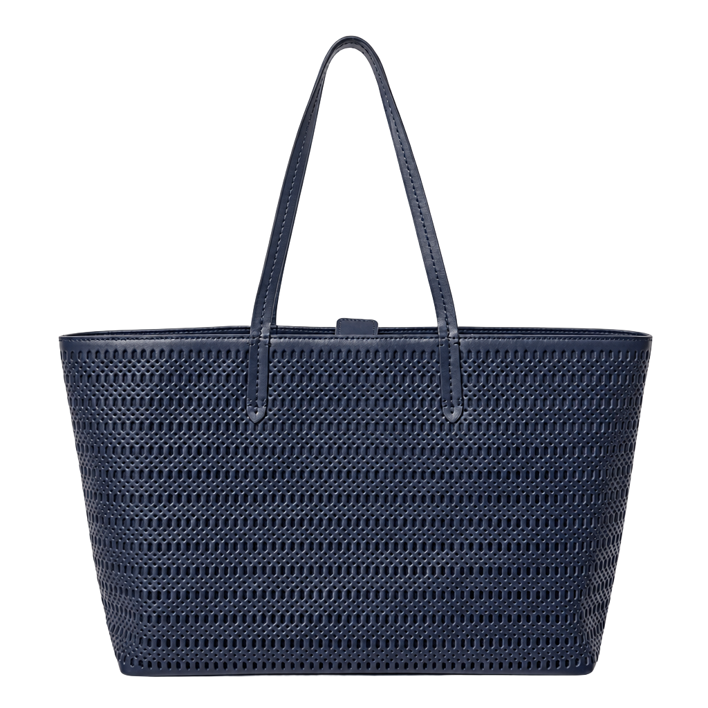 Brooks Brothers Navy Blue Laser Cut Perforated Leather Tote Bag 1