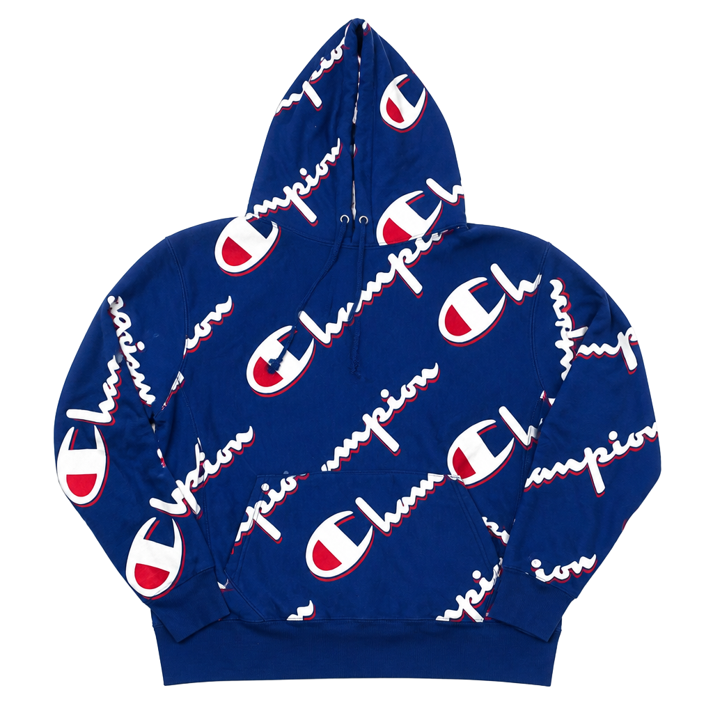 Vintage Champion Reverse Weave All Over Script Logo Hoodie Blue Men’s Large 1