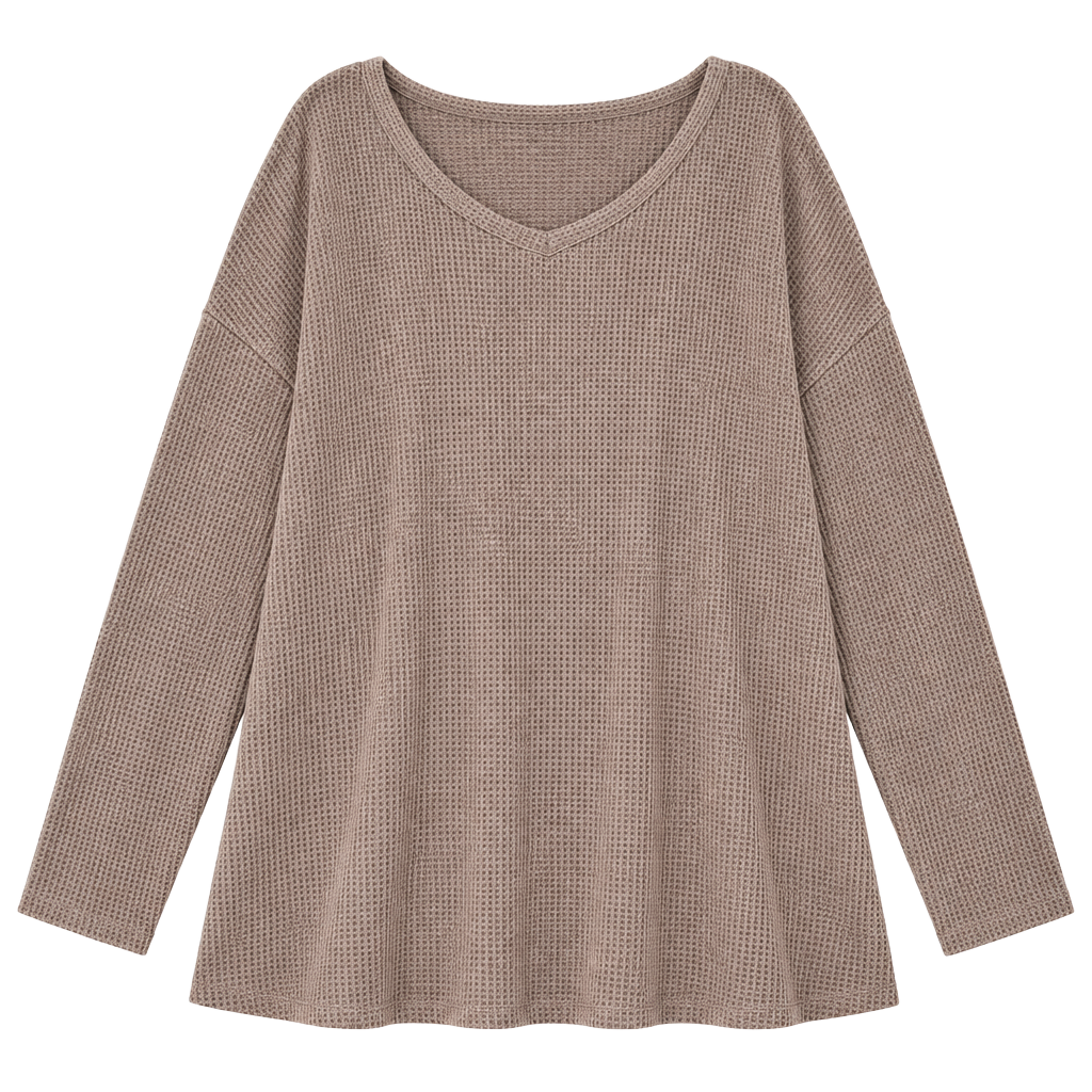 Waffle Knit V-Neck Long Sleeve Top Taupe Brown Loose Fit 1