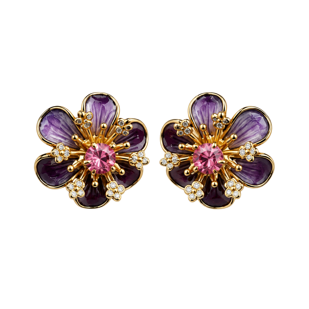 Vintage Purple Enamel And Pink Rhinestone Flower Earrings 1