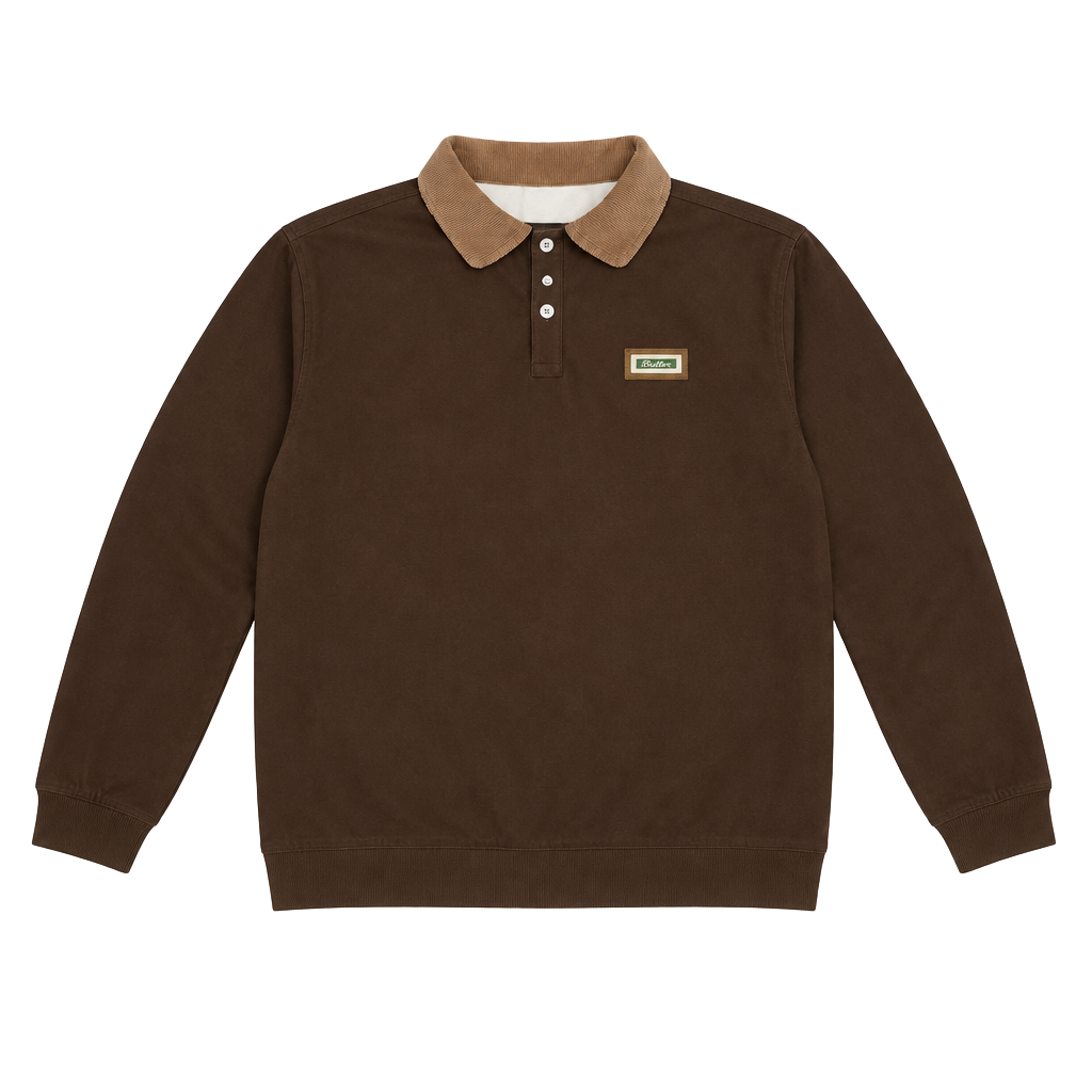 Brown Corduroy Fleece Lapel Button Polo Sweatshirt 1