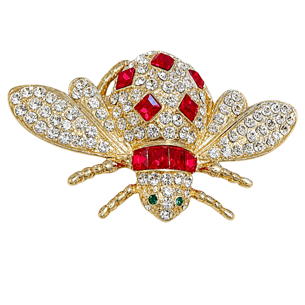Gold Tone Red Rhinestone And Crystal Bee Brooch Pin 1
