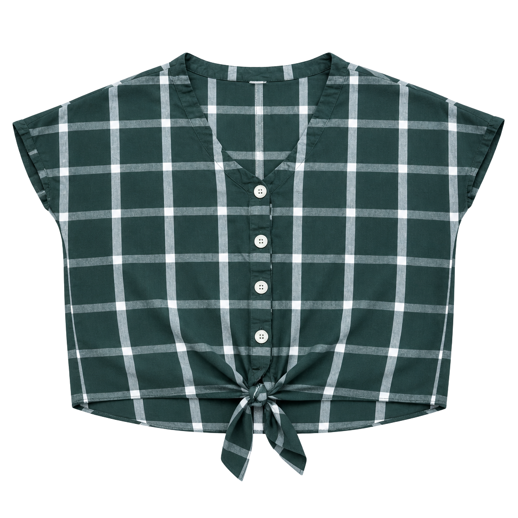 Universal Thread Tie Front V-Neck Top Size M Green White Plaid 1
