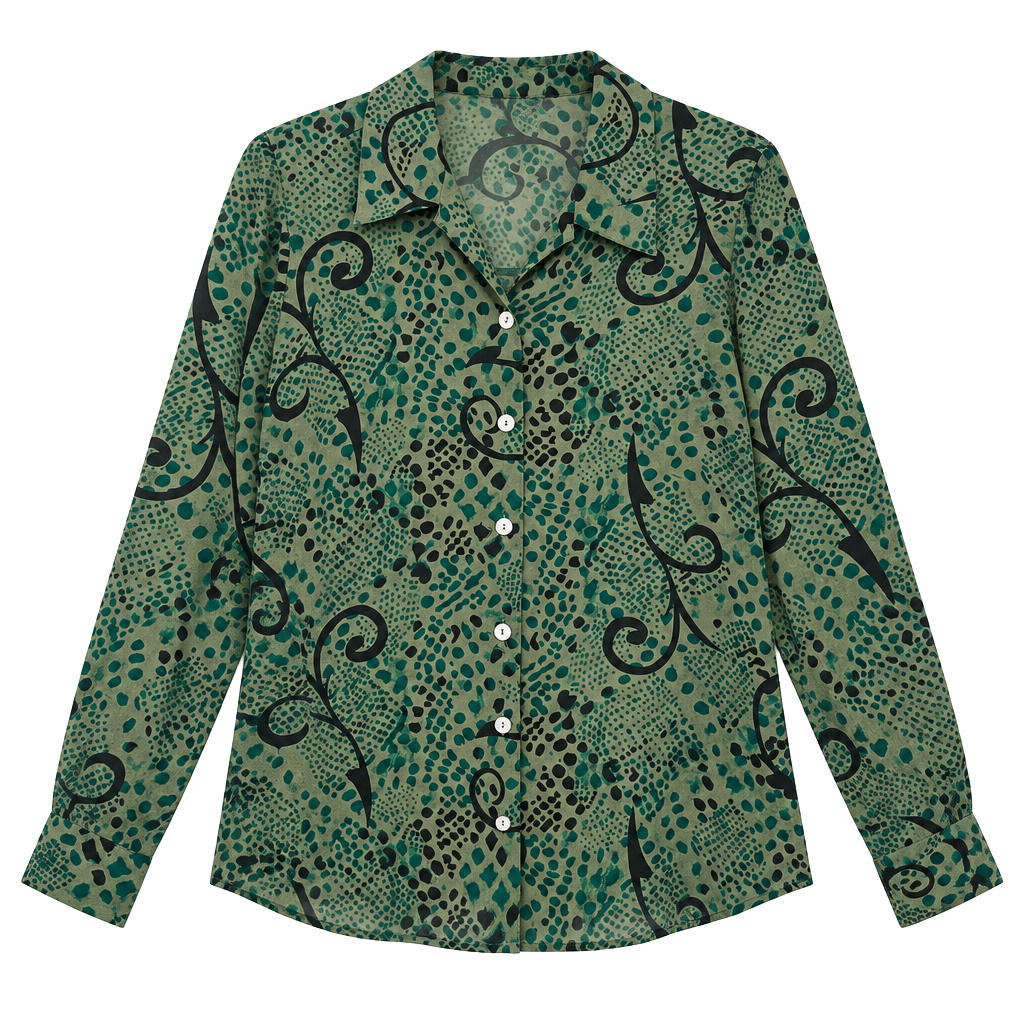 VTG Silk Blouse Green and Black Patterned Button Down Size L 1