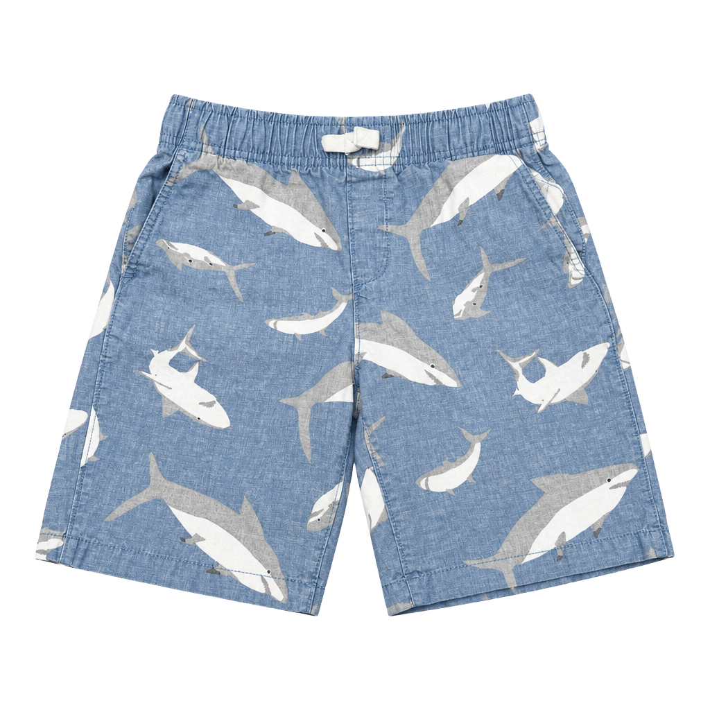 Lands' End Shark Print Shorts Size 10-12 Blue Cotton Pull-On 1