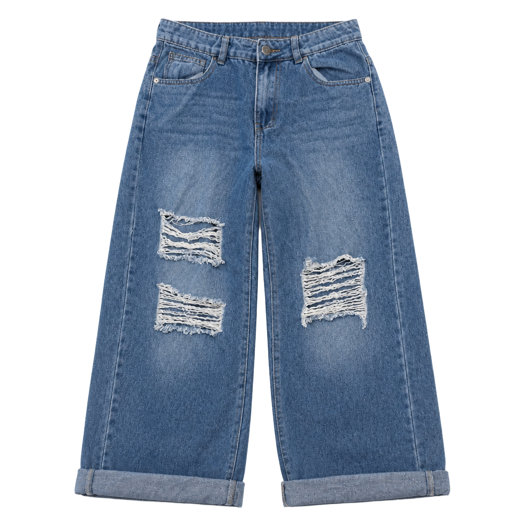 Teen Girls Light Wash High Waist Ripped Wide Leg Distressed Jeans 1