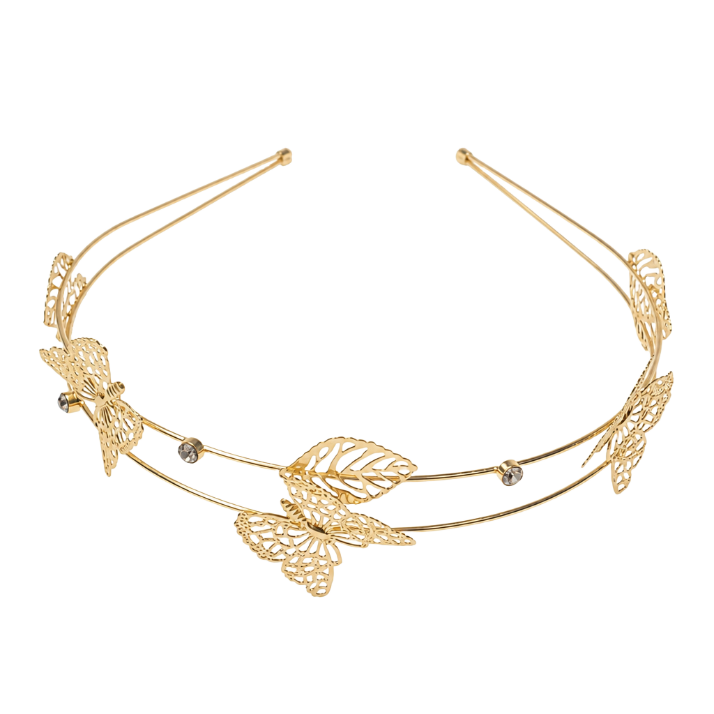 Scünci Gold Double Row Filigree Butterfly and Rhinestone Metal Headband 1