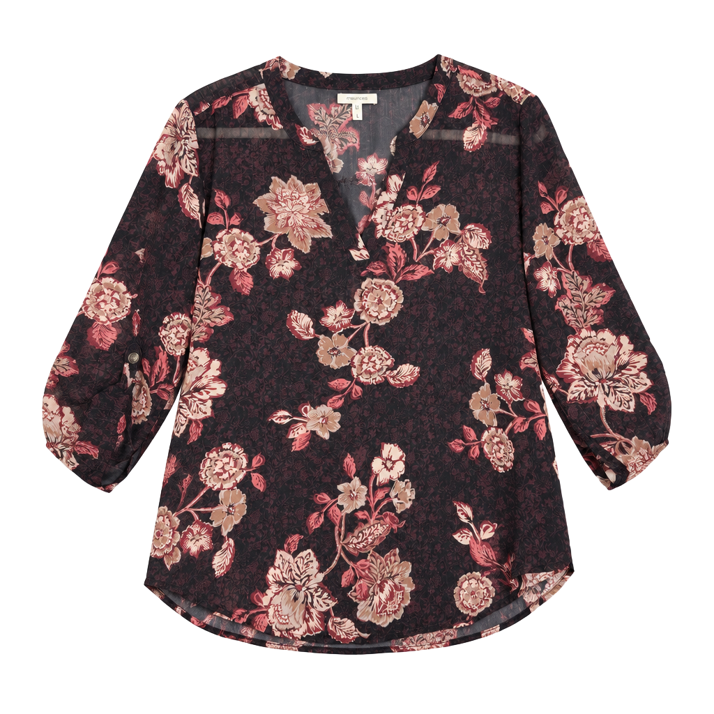 Maurices sheer Floral Print Blouse Large Black Rose Shimmer 1