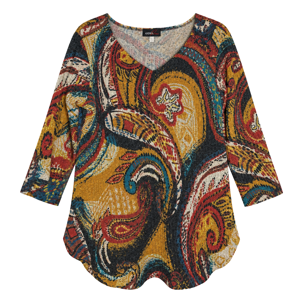 Andria Lieu Top Size L Paisley Print V-Neck 3/4 Sleeve Tunic 1