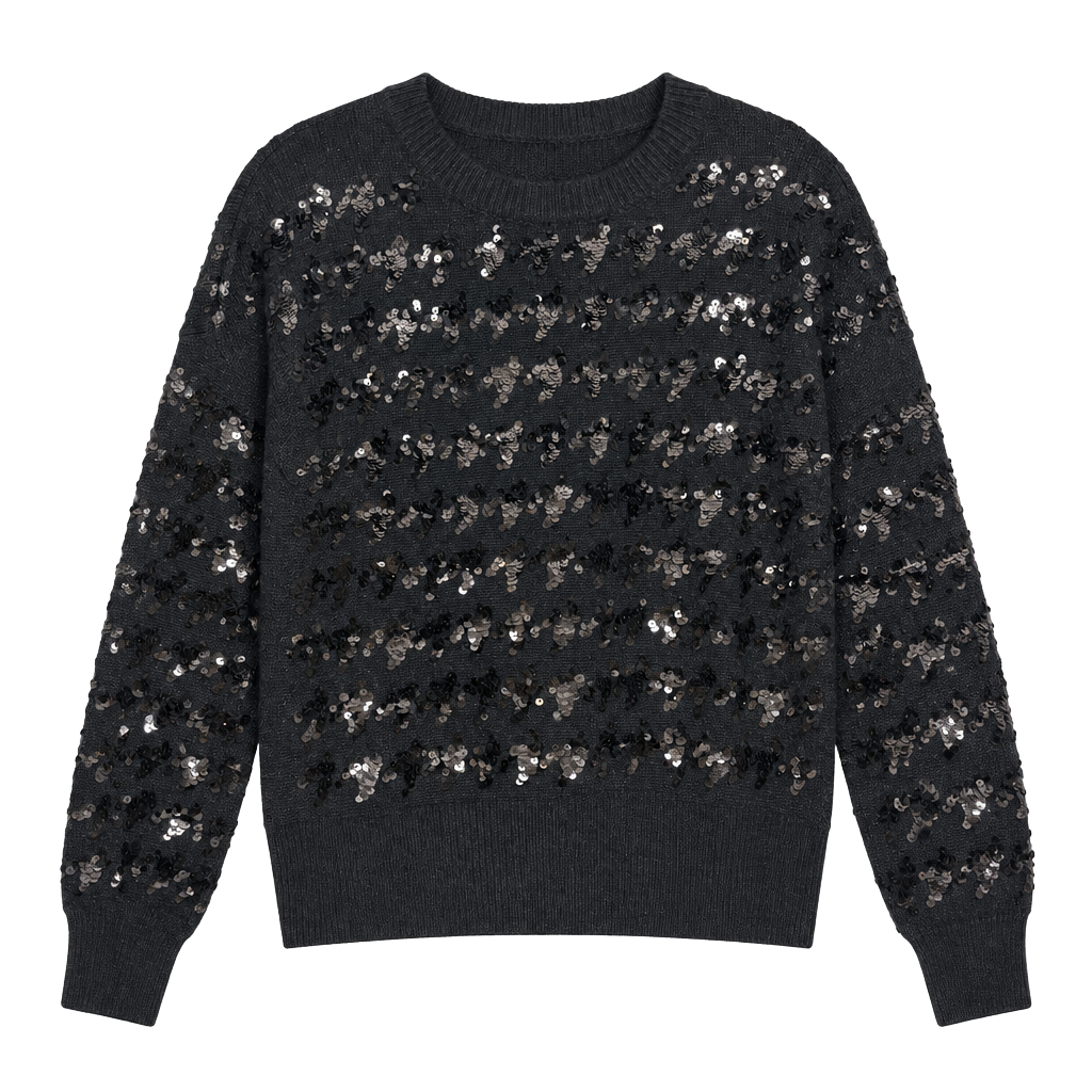 Nine West Sequin Striped Black Crewneck Sweater Size L 1