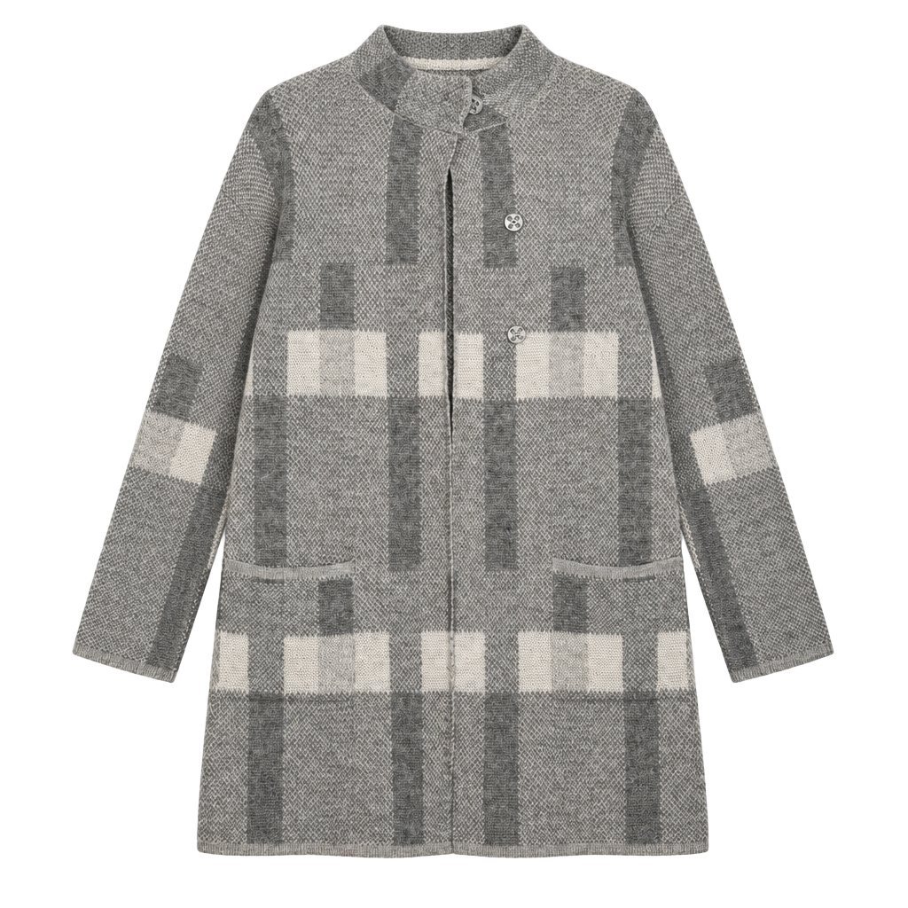 Dolce Stella Long Cardigan Sweater Size L Gray Plaid Wool Blend 1