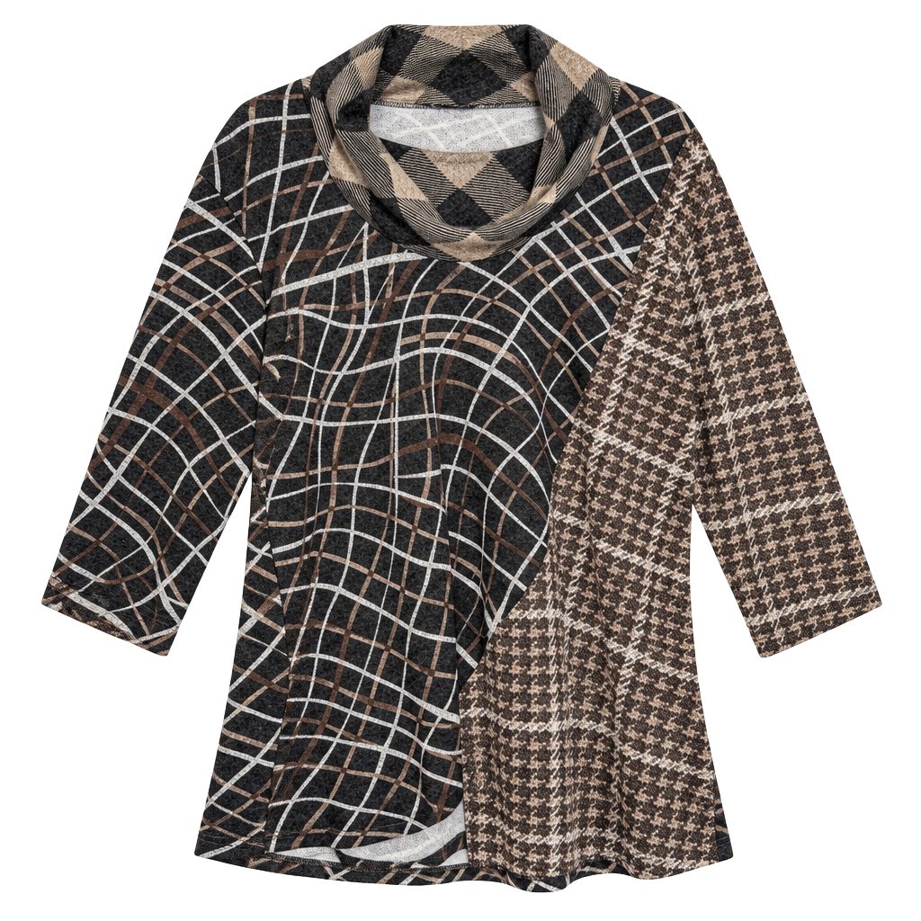 Andria Lieu Cowl Neck Tunic Top Size L Plaid Abstract Print 1