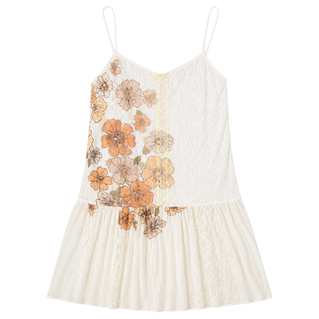 Free People Floral Printed Lace Slip Dress Sandy Tan Combo Size XL 1
