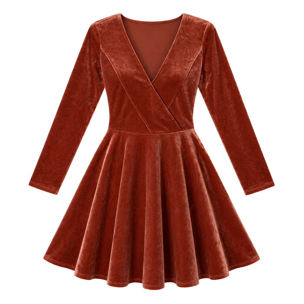 Kimchi Blue Velvet Skater Dress Size M Rust Long Sleeve Mini V-Neck 1