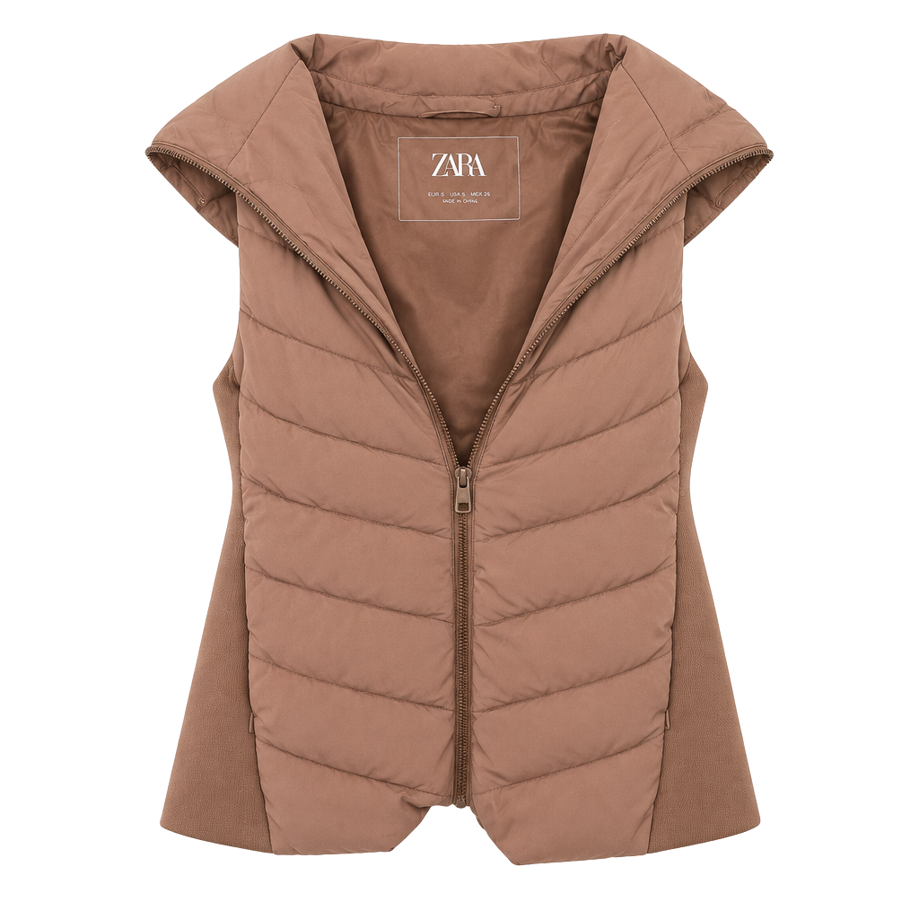 Zara Hooded Puffer Vest Size L Beige Quilted Sleeveless 1