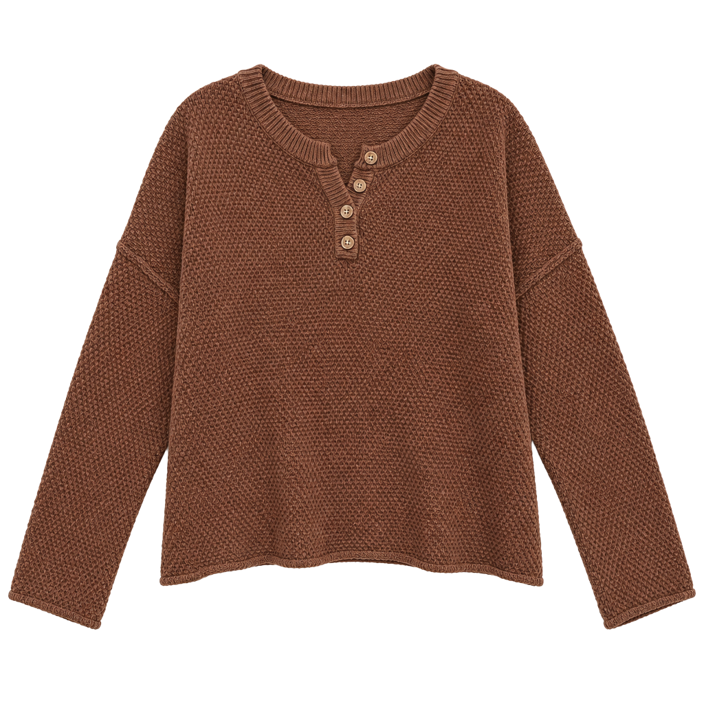 Sincerely Jules Henley Sweater Size L Brown Knit Pullover 1