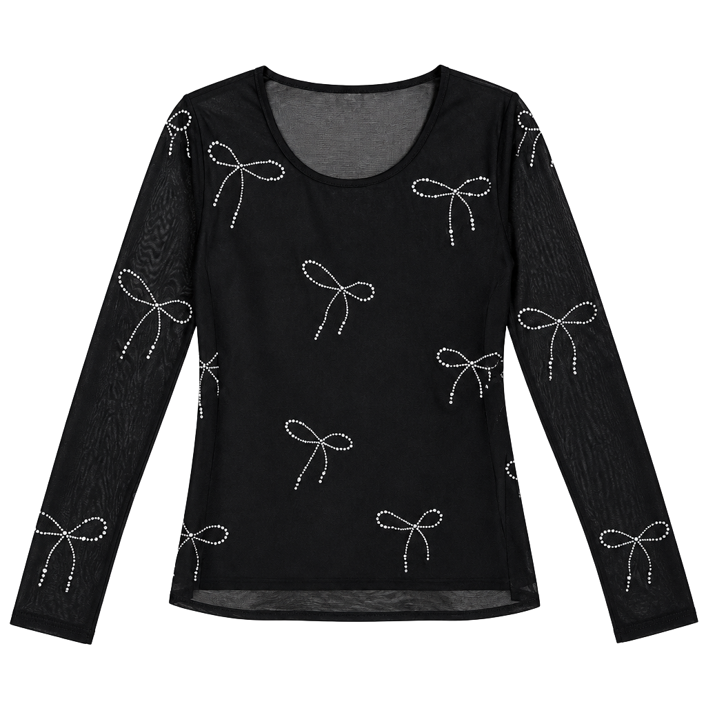 Y2K Rhinestone Bow Mesh Top Black Gemstone Long Sleeve Baby Tee 1