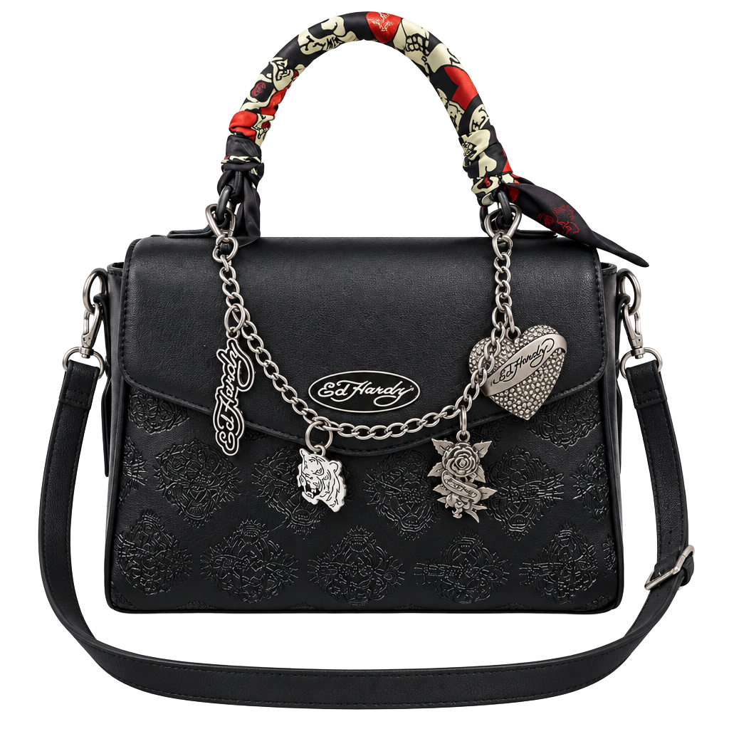Ed Hardy Black Handbag With Scarf And Charms New With Tags 1