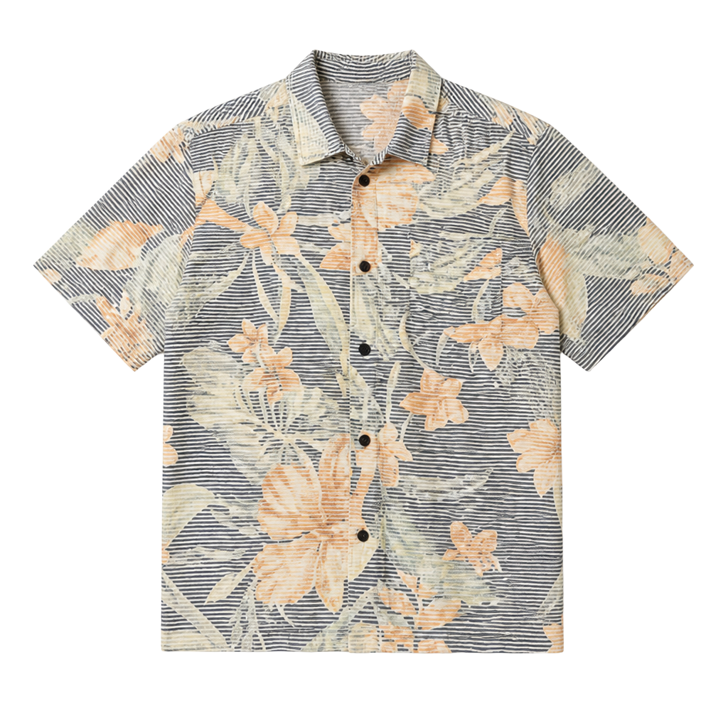 Aloha Bay Originals Men's Black Striped Orange Floral Short Sleeve Button-Down Shirt 1