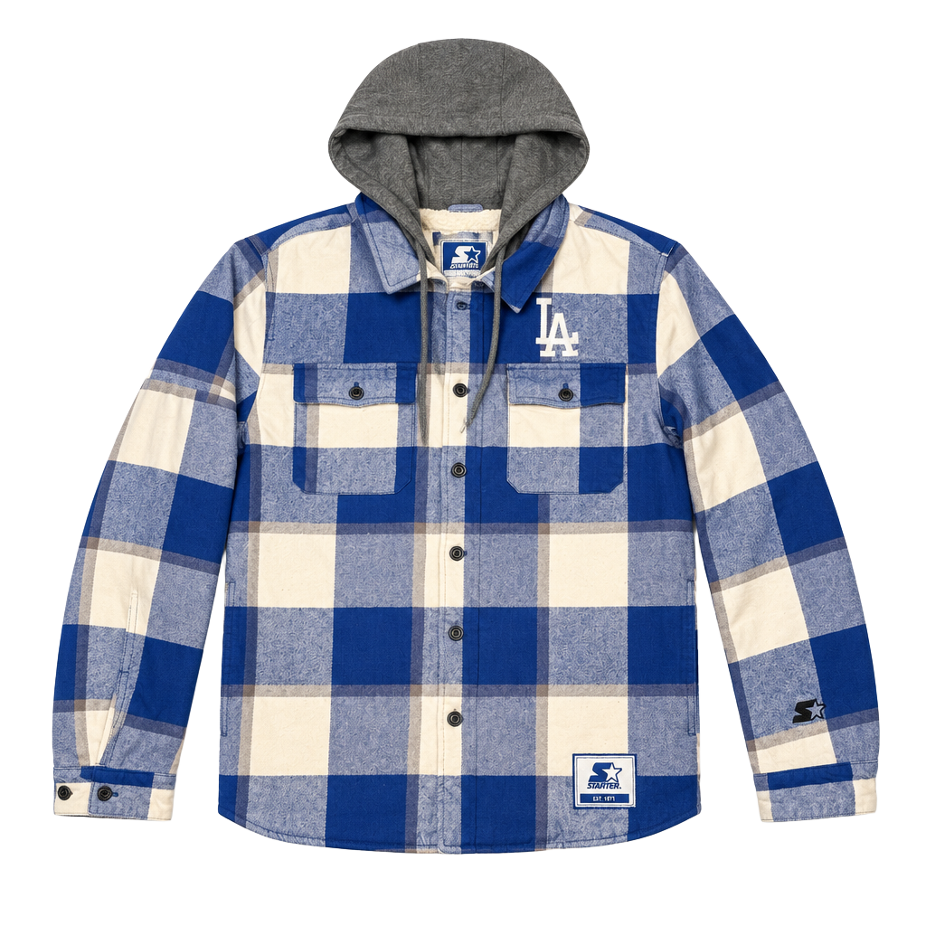 Starter Los Angeles Dodgers Plaid Hoodie Jacket Size S Blue Sherpa Lined 1