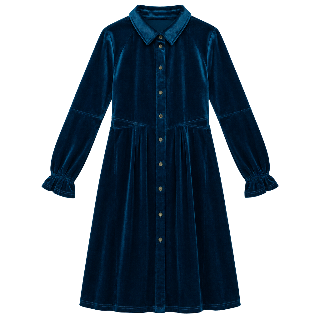 Umgee Velvet Dress Teal Blue Long Sleeve Collared Button Down 1