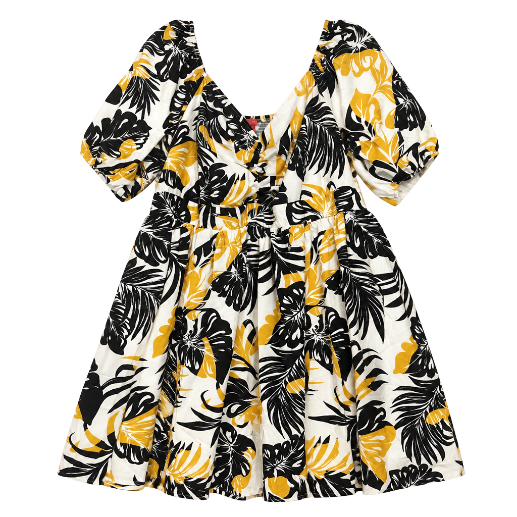 Flying Tomato Tropical Leaf Print Puff Sleeve Midi Dress 3X Black White Gold 1